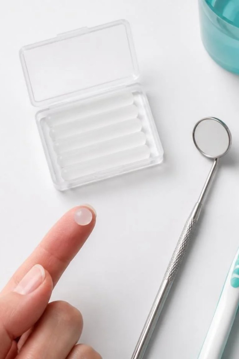 Kulka wosku ortodontycznego na palcu obok etui z woskiem i lusterka dentystycznego